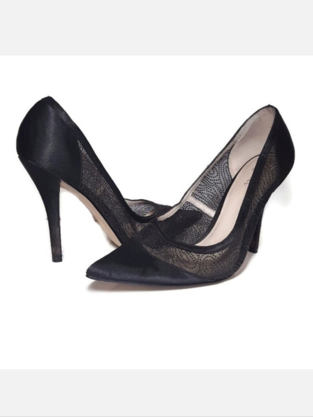 Wittner Knox Glitter Sheer Mesh Pointed Toe Black Satin High Heel Shoes Size 37
